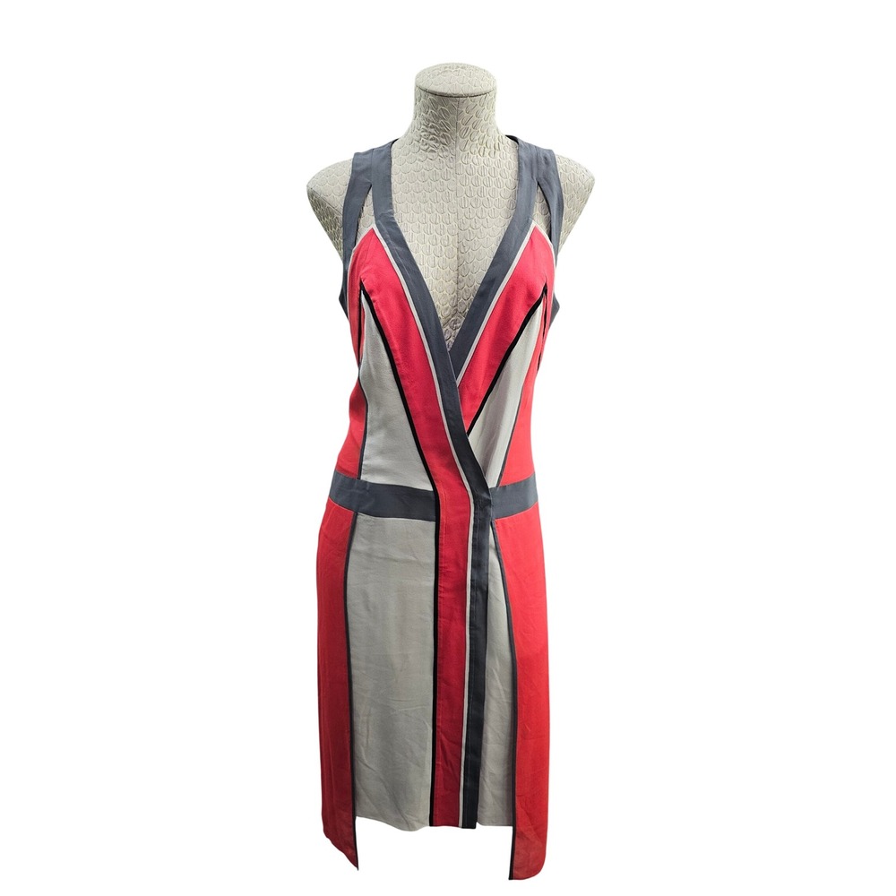 BCBGMaxAzria Runway Brenda Dress Women XS Chalk Greyโ Red Silk Colorblock Midi